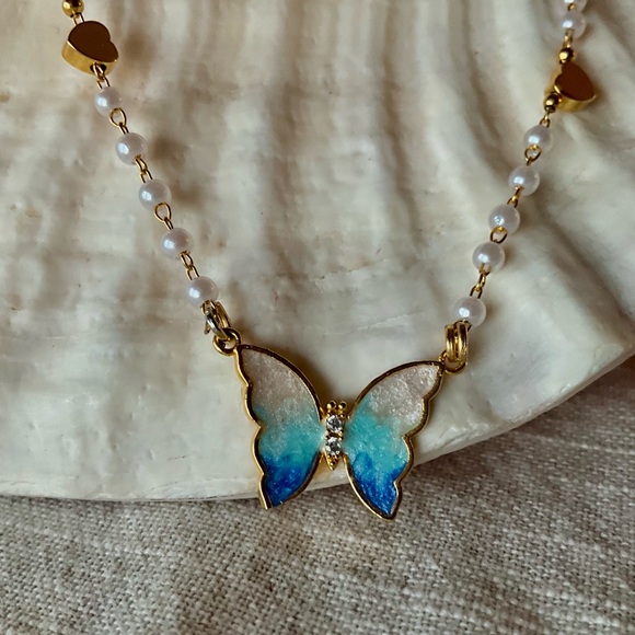 White Blue Gold Butterfly Necklace - Picture 2 of 2